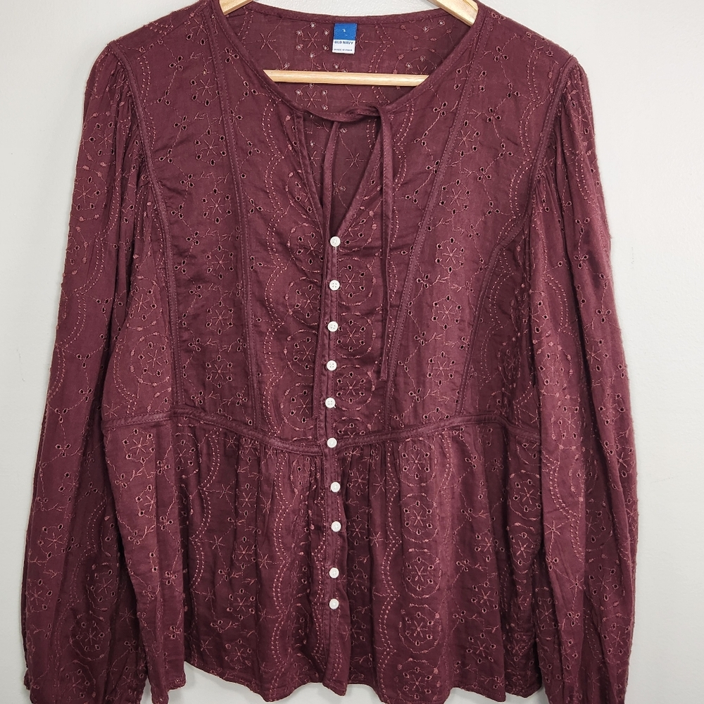 Burgundy Eyelet Top Size L  Babydoll Fairy Flowy - Picture 2 of 13